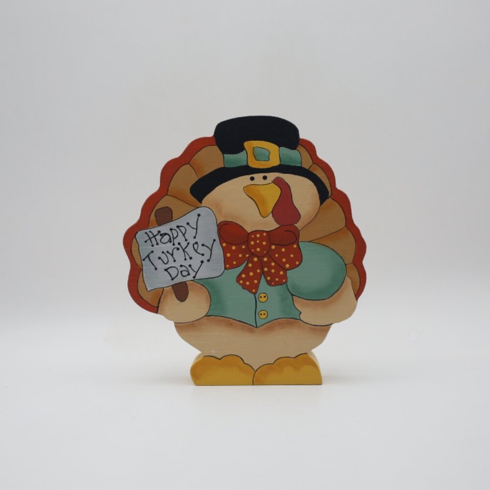Vintage 90's "Happy Turkey Day" Handpainted Wooden Turkey Shelf Sitter - Signed